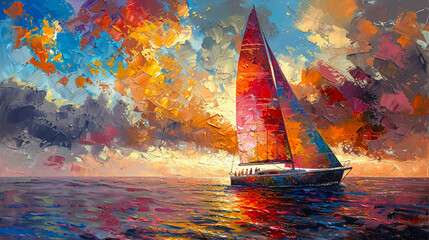 Wall Mural - A colorful paiting of a modern sailboat with easter eggs floating around, Masurian lakes, people on board --ar 16:9 --stylize 750
