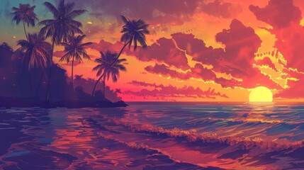 Wall Mural - Vibrant illustration of a sunset with palm trees on a serene beach