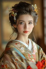 Wall Mural - portrait of a beautiful young woman in a kimono