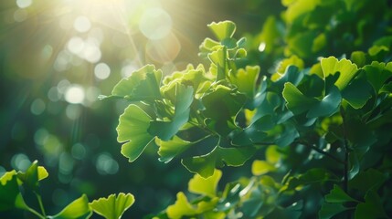 Wall Mural - Sunlight filters beautifully through the green leaves of a ginkgo biloba tree