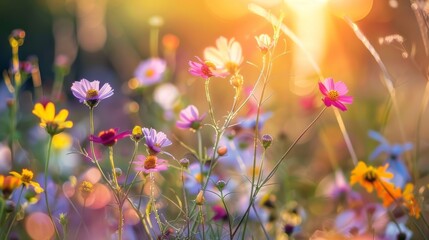 Sticker - Serene field of colorful wildflowers bathed in the warm light of a setting sun