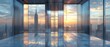 © khunnapat - Modern glass building interior with panoramic city skyline view at sunset and reflections on polished floor.
