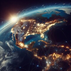 High-detail image of Earth highlighting city lights and network lines across North America, showcasing global connectivity.. AI Generation