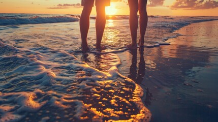 Poster - Couple enjoys a serene walk along the shore as the sun sets, casting a warm glow