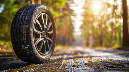 Wall Mural - A tire is sitting on a wet road