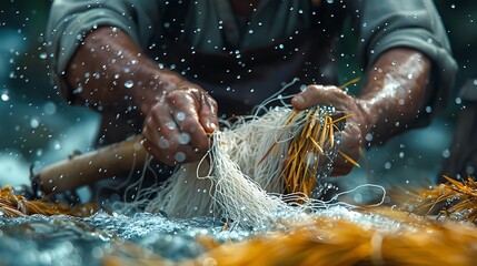 Wall Mural - forager weaving a fishing net from plant fibers photographed using macro lens to showcase the intricate craftsmanship
