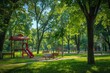 © anatolir - Tranquil city park scene featuring a playground and shaded picnic areas on a sunny day