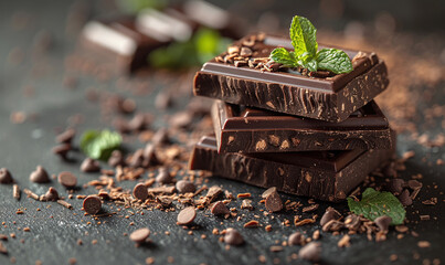 sweet dark chocolate bar and mint leaf decoration with studio photography taken