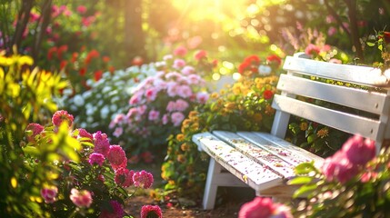 Poster - Blooming garden with colorful flowers and white bench in sunlight