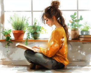 Sticker - Illustration of a young woman reading a book by a sunny window surrounded by potted plants