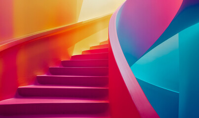 Wall Mural - abstract staircase in red, yellow, and purple hues next to a white stair, ai-generated.