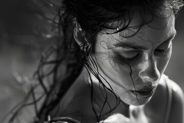 Sticker - Closeup black and white image of a thoughtful young woman with water droplets on her face and hair