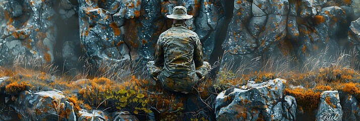 Canvas Print - hunter camouflaged against a rocky outcrop waiting patiently for prey to pass by photographed with drone technology for a unique perspective