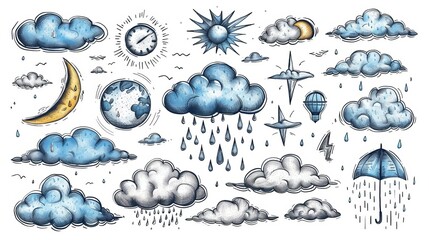the weather conditions doodle set contains hand-drawn clouds, rain storms, thunders, lightning and f