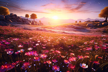 Wall Mural - A field of flowers with a single red flower in the middle.