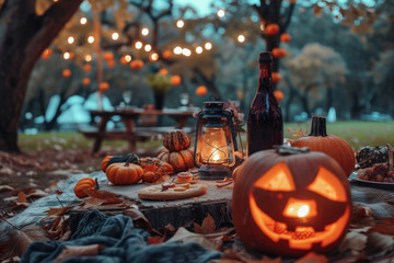 Sticker - Enchanting Outdoor Halloween Setup with Pumpkin Lanterns and Picnic on an Autumn Evening