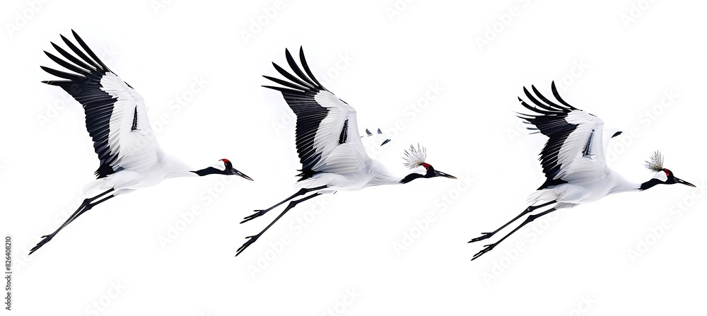 Red-crowned cranes flying in the sky, on a pure white background ...