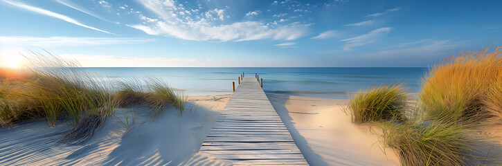 Wooden pier on ocean beach and white sand