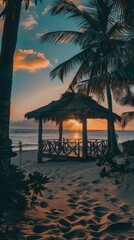 Poster - Warm sunset hues illuminate a tranquil beach with silhouetted palm trees and a gazebo