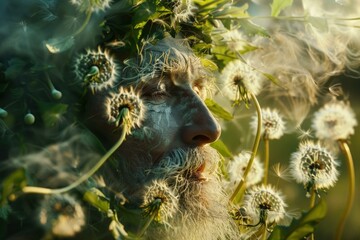 Poster - Closeup of a man with face paint, blending with dandelions in soft light