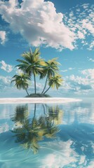 Poster - Idyllic small island with palm trees reflecting on tranquil ocean waters under a blue sky