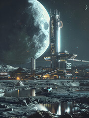 An extraterrestrial big city on the moon, with space station and energy center located in a futuristic moon habitat, accessible by a space elevator, with a moon buggy