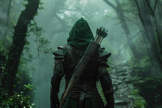 Hooded ranger with green leather armor and an arrow quiver on his shoulder in a misty forest, fantasy concept.