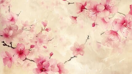 Wall Mural - A gentle floral brush stroke in pink and ivory on an aged, textured paper surface.