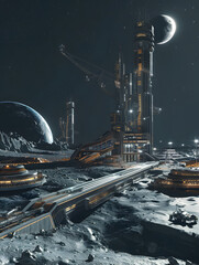 An extraterrestrial big city on the moon, with space station and energy center located in a futuristic moon habitat, accessible by a space elevator, with a moon buggy