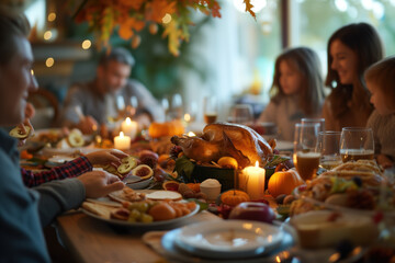 Poster - Family gathered around a warmly lit table, enjoying a Thanksgiving meal with turkey and candles