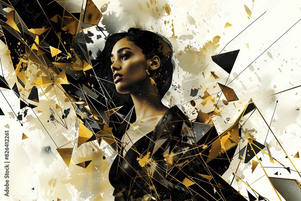 high-contrast style depicts a glamorous woman. Clad in a minimalist ...