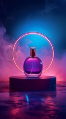 Wall Mural - glowing neon circle highlights exclusive perfumes on dark matte surface with reflective copy space