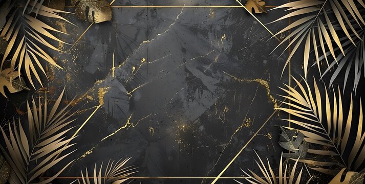 Set of black and gold marble background with golden line art palm leaves in a geometric frame for a wedding invitation card or other design template