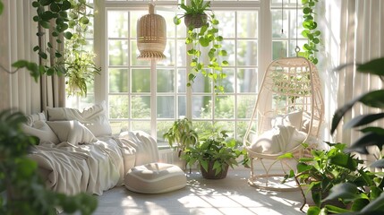 Sticker - Bright and serene sunroom with lush hanging plants and cozy seating area