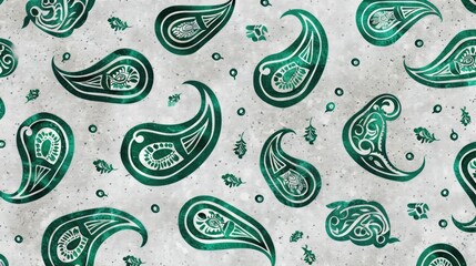 Poster - Emerald green paisley patterns woven into a light gray wool textured background.
