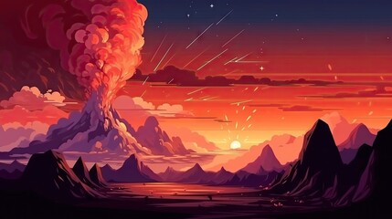 An exquisite digital art depiction of a volcano eruption during sunset with a colorful sky and shooting stars