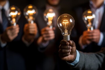 Wall Mural - Men in suits holding illuminated light bulbs with one prominently displayed, representing ideas and innovation