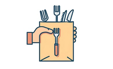 simple vector icon of hand holding paper bag with cutlery, one line drawing, white background, simple design, flat color, two colors, simple shapes, icon style, 2d