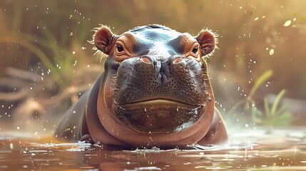 Cute baby hippo wading happily in a shallow white river, with its chubby cheeks and wide eyes capturing hearts.
