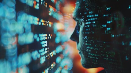 Hacker with a computer screen full of code, closeup, dark atmosphere, showcasing cybersecurity threat, digital tone, Splitcomplementary color scheme