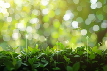 Environmentally conscious idea: rising green arrows in natural setting