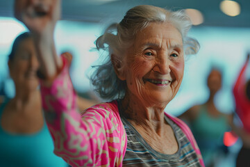 Wall Mural - An elderly woman smiling during a dance workout.