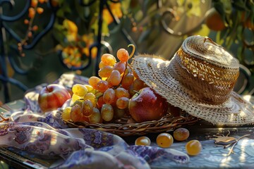 Poster - A serene still life of ripe fruits and a woven hat amidst a sunlit orchard