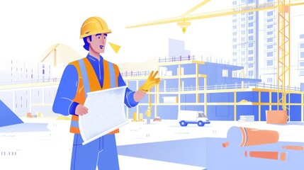 Wall Mural - An infrastructure site manager illustration in 2D flat style, showing a character in a hard hat and safety vest, holding a set of blueprints and pointing towards a construction site. The background
