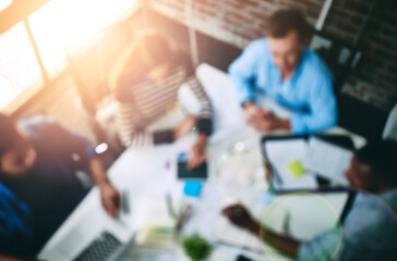 Aufkleber - Meeting, boardroom and teamwork in office with overhead, blurred and lens flare. Planning, strategy and documents for collages and design for creative agency, advertising and business people