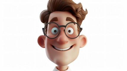Wall Mural - 3D rendering of a happy young man with brown hair and black glasses. He is smiling and looking at the camera.