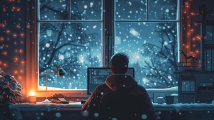Home Office in Winter: Illustrate a cozy home office setup with a person working from home, warm lighting, and winter scenery outside the window, emphasizing productivity and comfort.