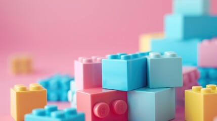 top view many plastic toy blocks in different pastel colors on pink background. generated ai