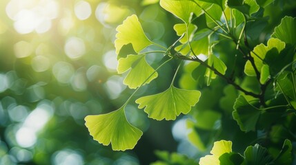 Wall Mural - Sunlit ginkgo leaves on tree branch