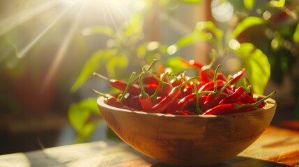 Wall Mural - Fresh red chili peppers in sunlit wooden bowl